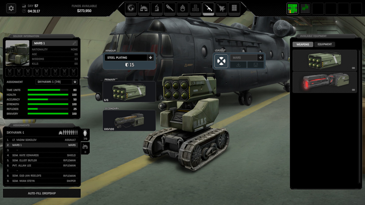 Xenonauts 2 MARS combat vehicle in a hangar.